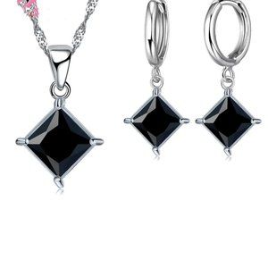 4Pc Black Princess Cut Set Pendant And Earrings w 18" Chain 925 Sterling Silver